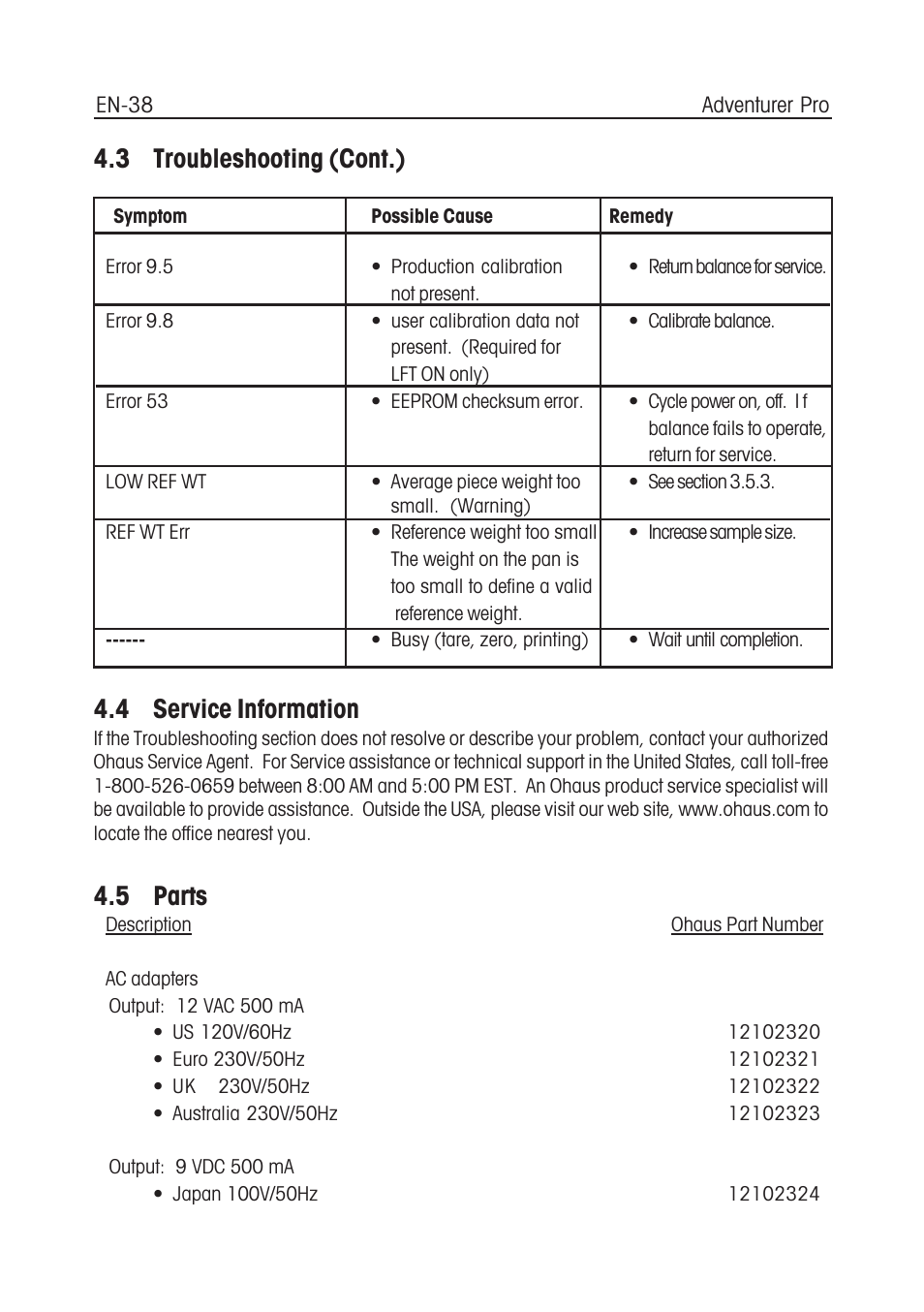 3 troubleshooting (cont.) 4.4 service information, 5 parts | Ohaus CARAT PLUS PRECISION JEWELRY BALANCES Manual en User Manual | Page 40 / 56