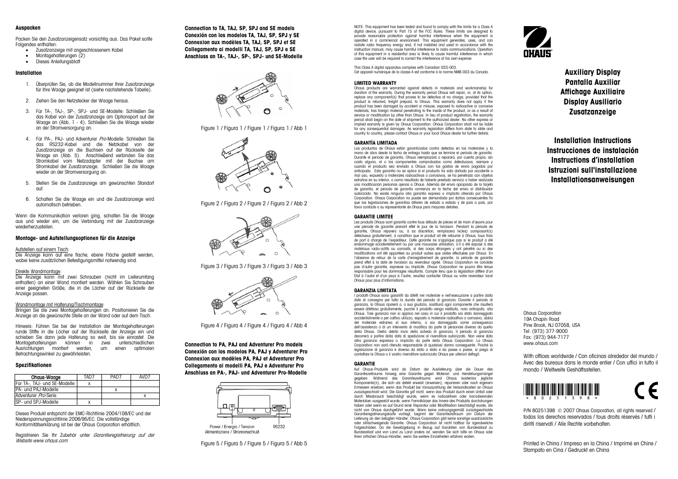 Auspacken, Installation, Tad7 | Ohaus SCOUT PRO PORTABLE BALANCES Installation it User Manual | Page 2 / 2