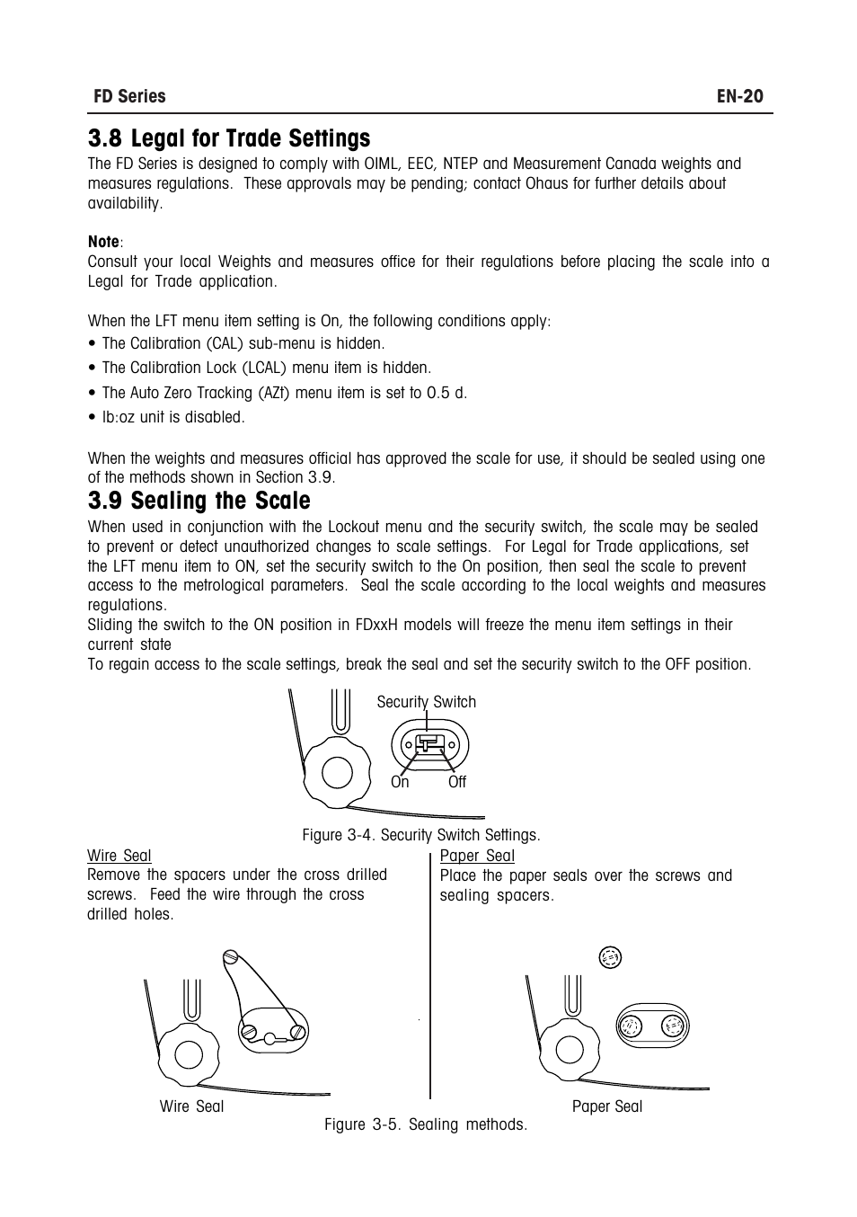8 legal for trade settings, 9 sealing the scale | Ohaus FD Series STAINLESS STEEL COMPACT SCALES Manual multi User Manual | Page 26 / 88