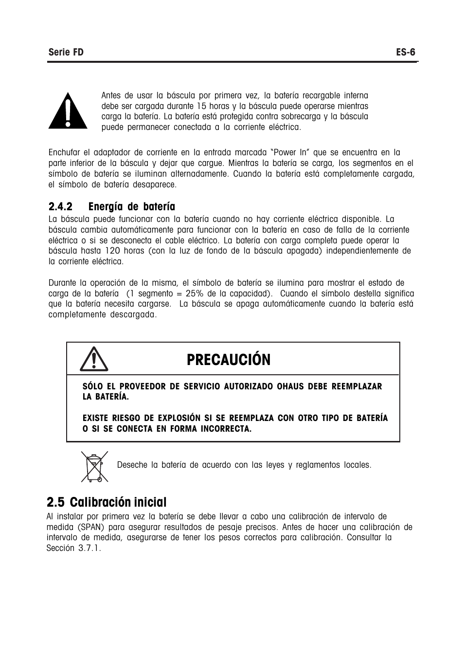 Precaución, 5 calibración inicial | Ohaus FD Series STAINLESS STEEL COMPACT SCALES Manual multi User Manual | Page 38 / 88