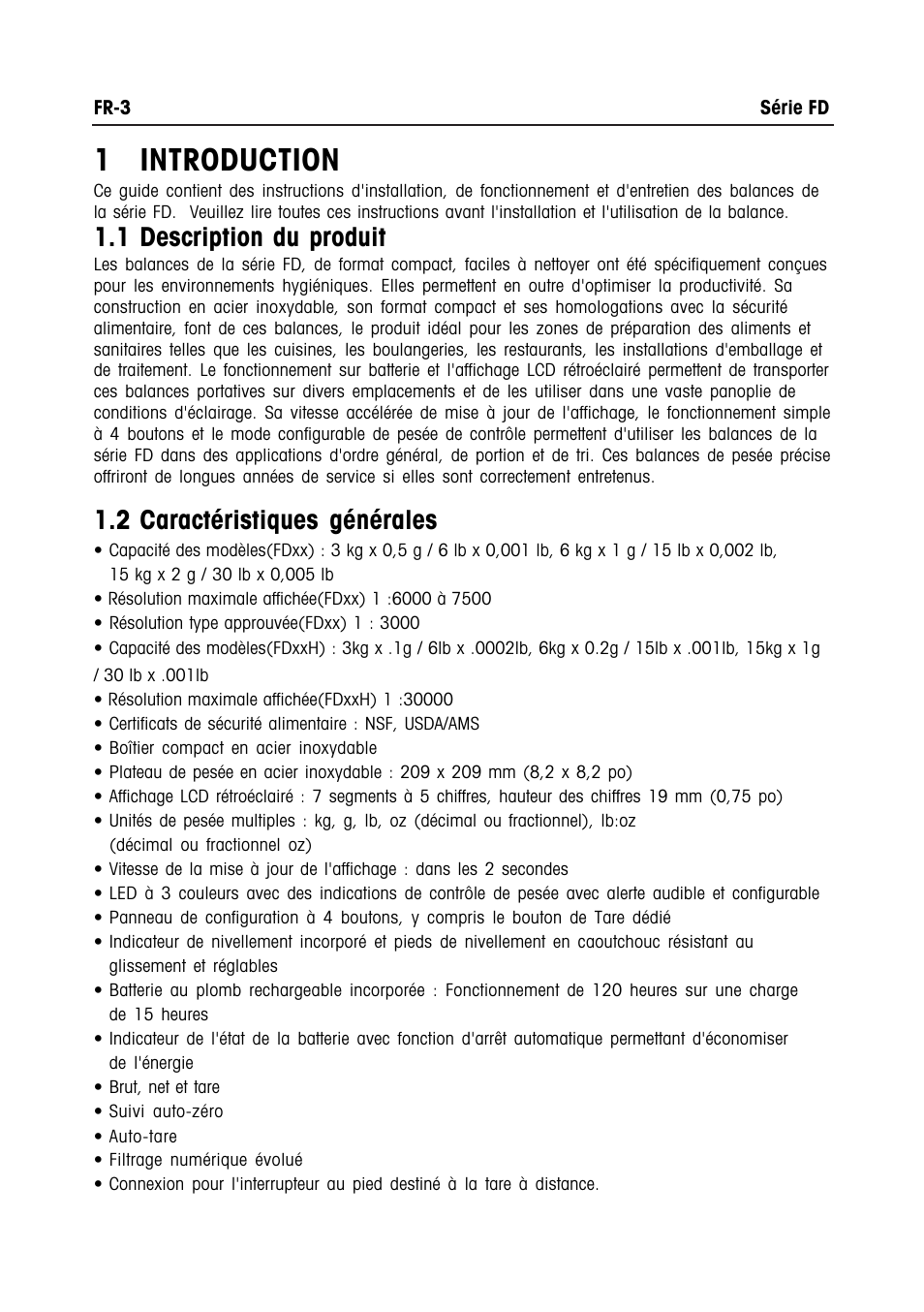 1 introduction, 1 description du produit, 2 caractéristiques générales | Ohaus FD Series STAINLESS STEEL COMPACT SCALES Manual multi User Manual | Page 61 / 88