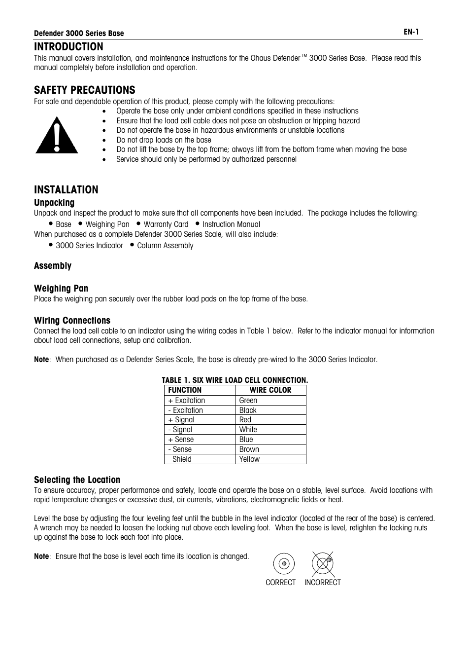 Introduction, Safety precautions, Installation | Ohaus DEFENDER 3000 BENCH SCALES Base Manual en User Manual | Page 3 / 8