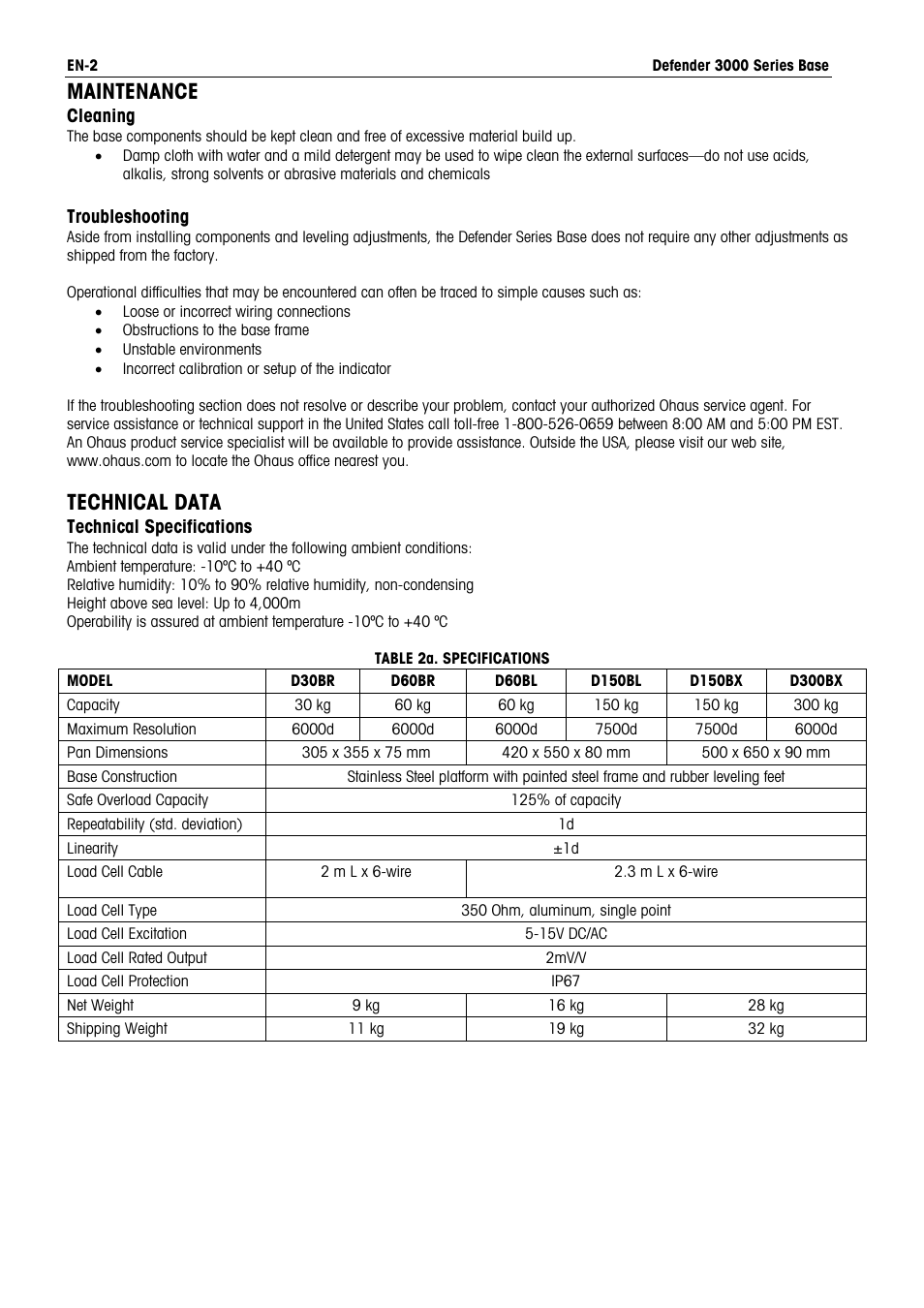 Maintenance, Technical data | Ohaus DEFENDER 3000 BENCH SCALES Base Manual en User Manual | Page 4 / 8