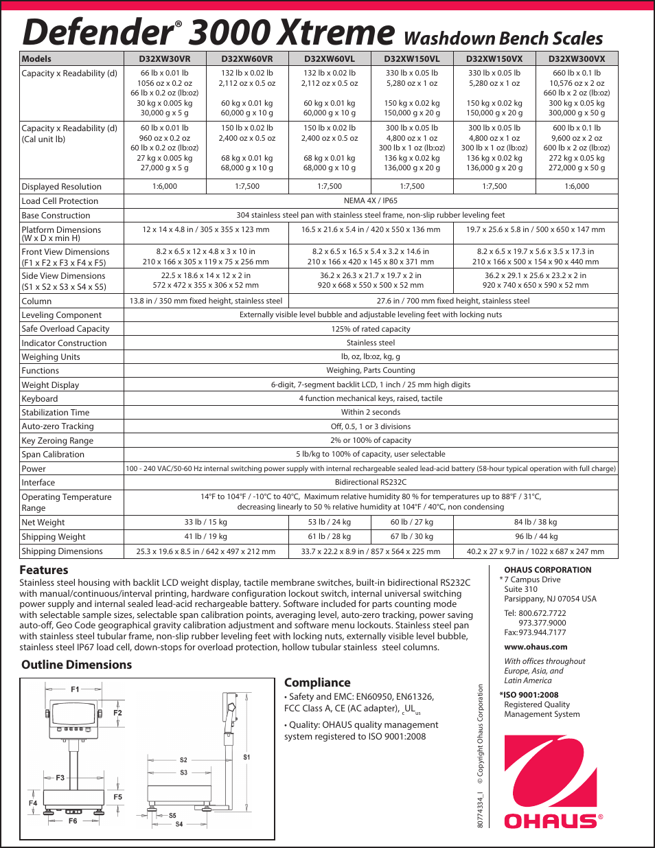 Defender, 3000 xtreme, Washdown | Bench scales, Outline dimensions features, Compliance | Ohaus DEFENDER 3000 Xtreme Data Sheet User Manual | Page 2 / 2