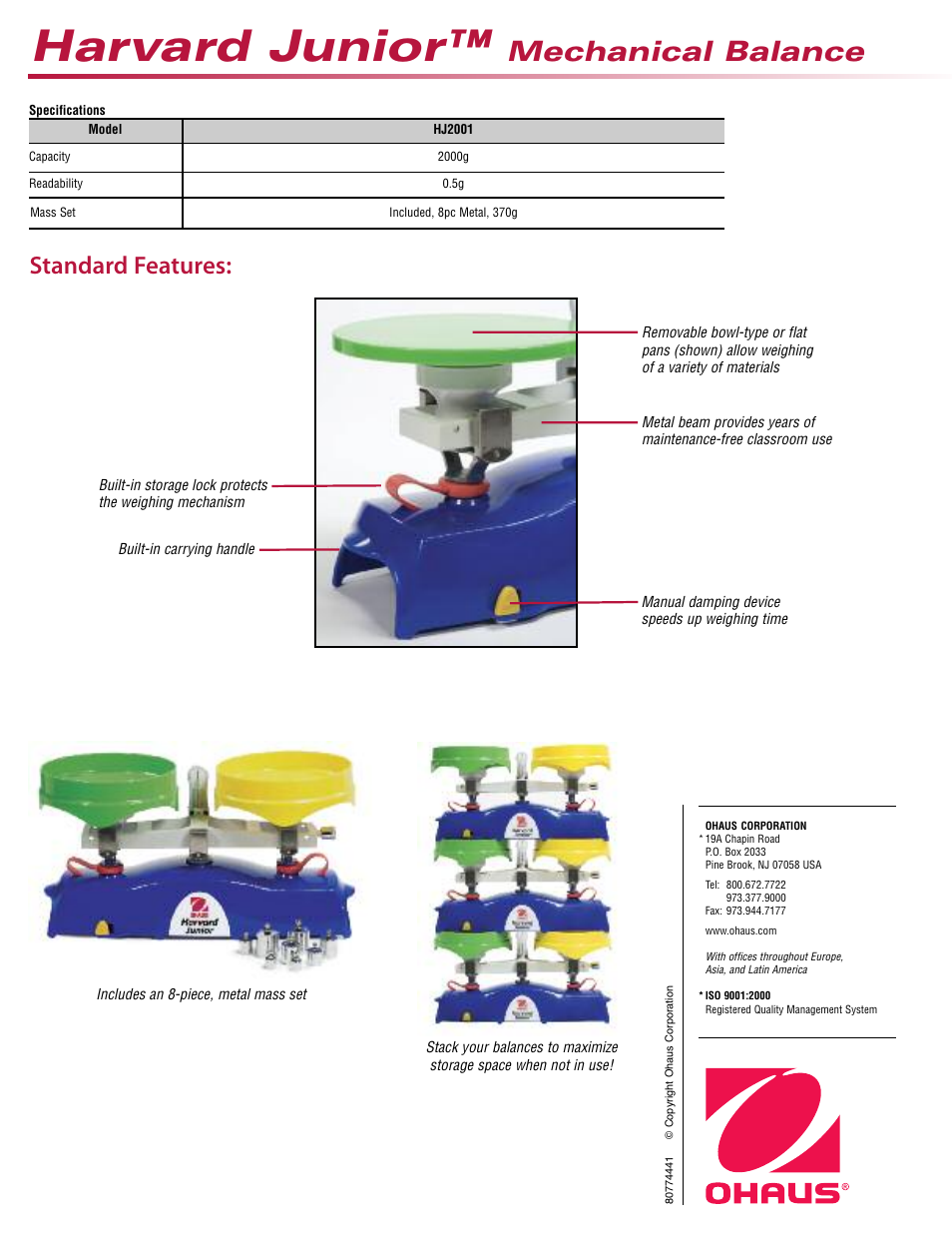 Harvard junior, Mechanical balance, Standard features | Ohaus HJ2001 HARVARD JUNIOR MECHANICAL BALANCE Data Sheet User Manual | Page 2 / 2