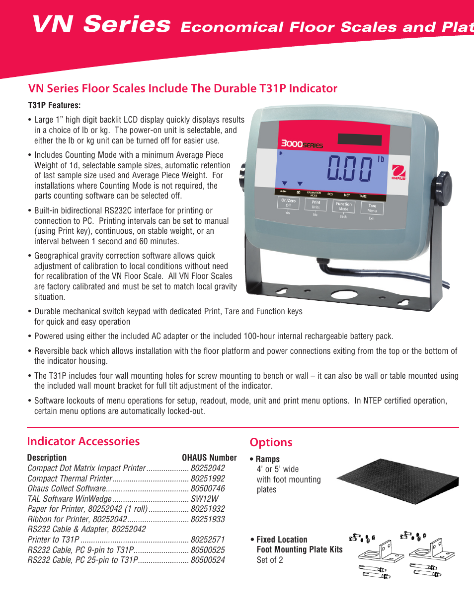 Vn series, Economical floor scales and platforms, Options | Indicator accessories | Ohaus VN Series Floor Scale Data Sheet User Manual | Page 2 / 4