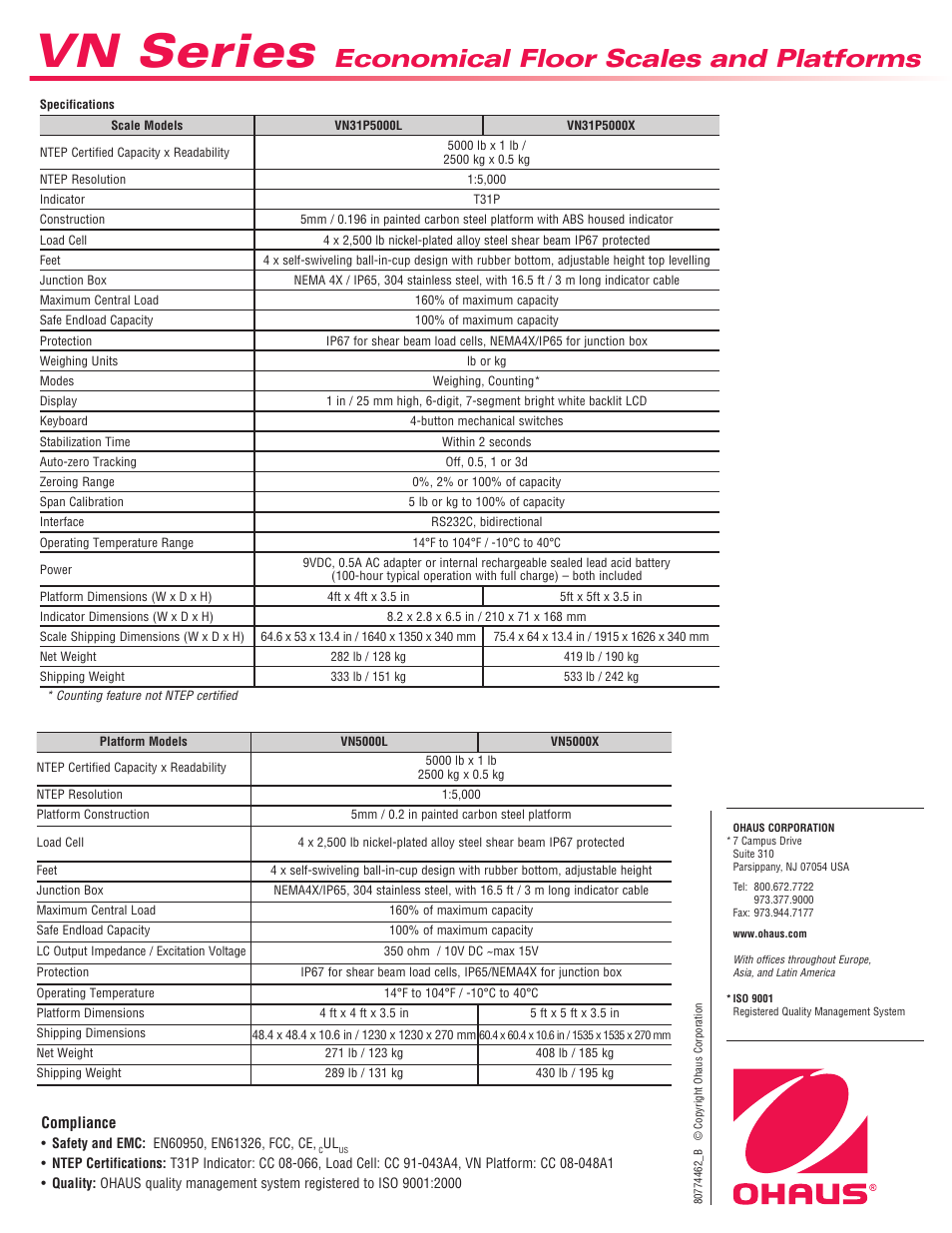 Vn series, Economical floor scales and platforms | Ohaus VN Series Floor Scale Data Sheet User Manual | Page 4 / 4