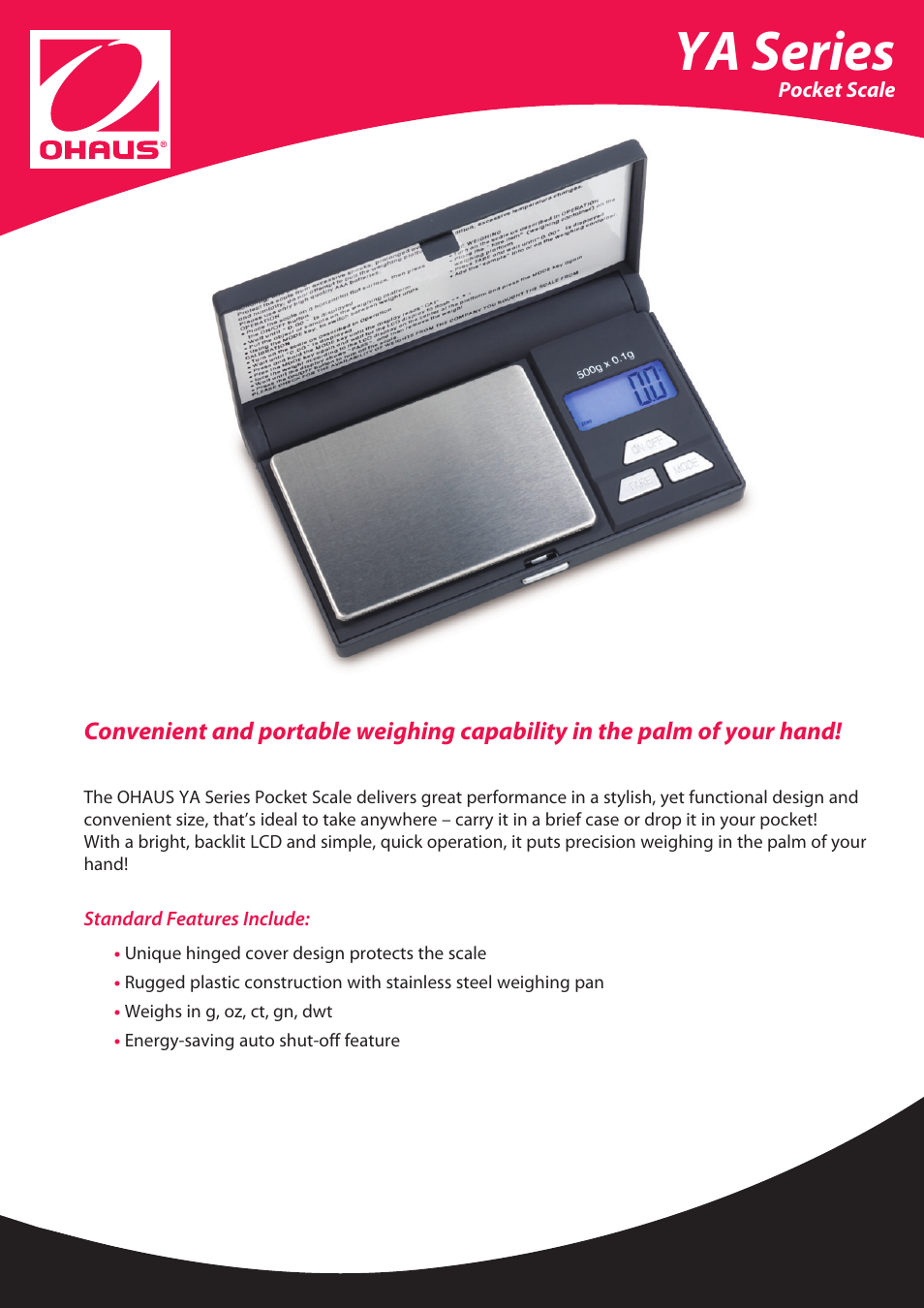 Ohaus YA GOLD HAND HELD JEWELRY SCALES Data Sheet User Manual | 2 pages