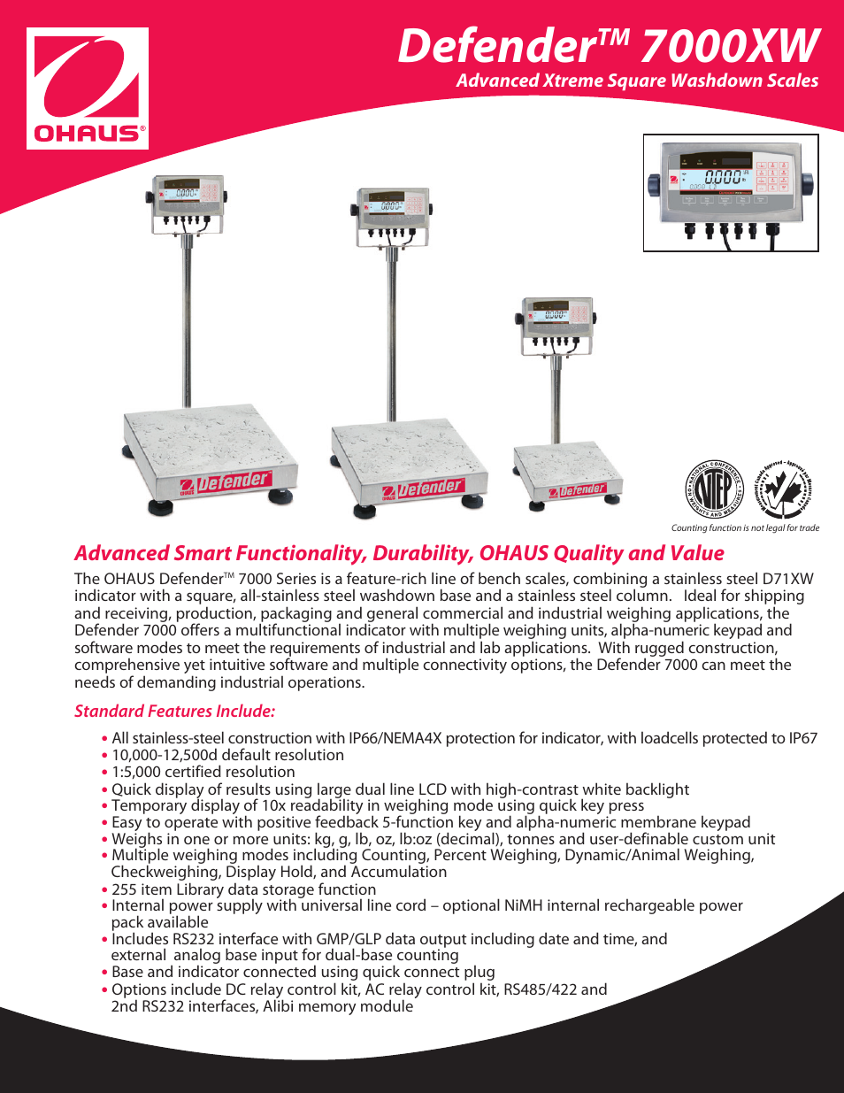 Ohaus DEFENDER 7000XW Xtreme Square Washdown Scales Data Sheet User Manual | 4 pages