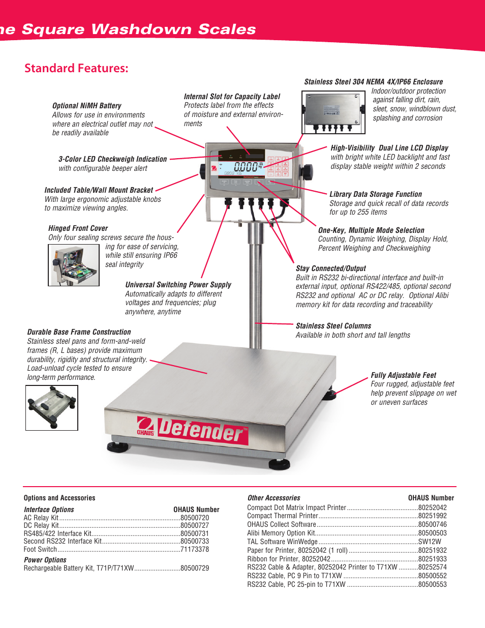 Defender, 7000xw, Advanced xtreme square washdown scales | Standard features | Ohaus DEFENDER 7000XW Xtreme Square Washdown Scales Data Sheet User Manual | Page 3 / 4
