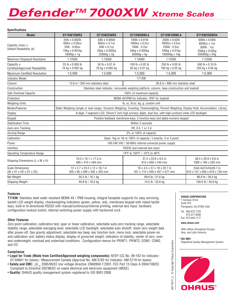 Defender, 7000xw, Xtreme scales | Ohaus DEFENDER 7000XW Xtreme Square Washdown Scales Data Sheet User Manual | Page 4 / 4