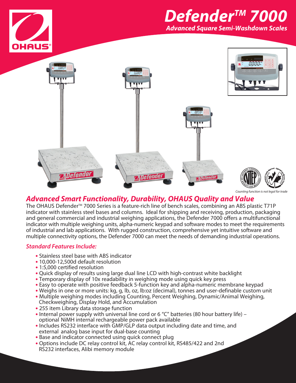 Ohaus DEFENDER 7000 Square Semi-Washdown Scales Data Sheet User Manual | 4 pages