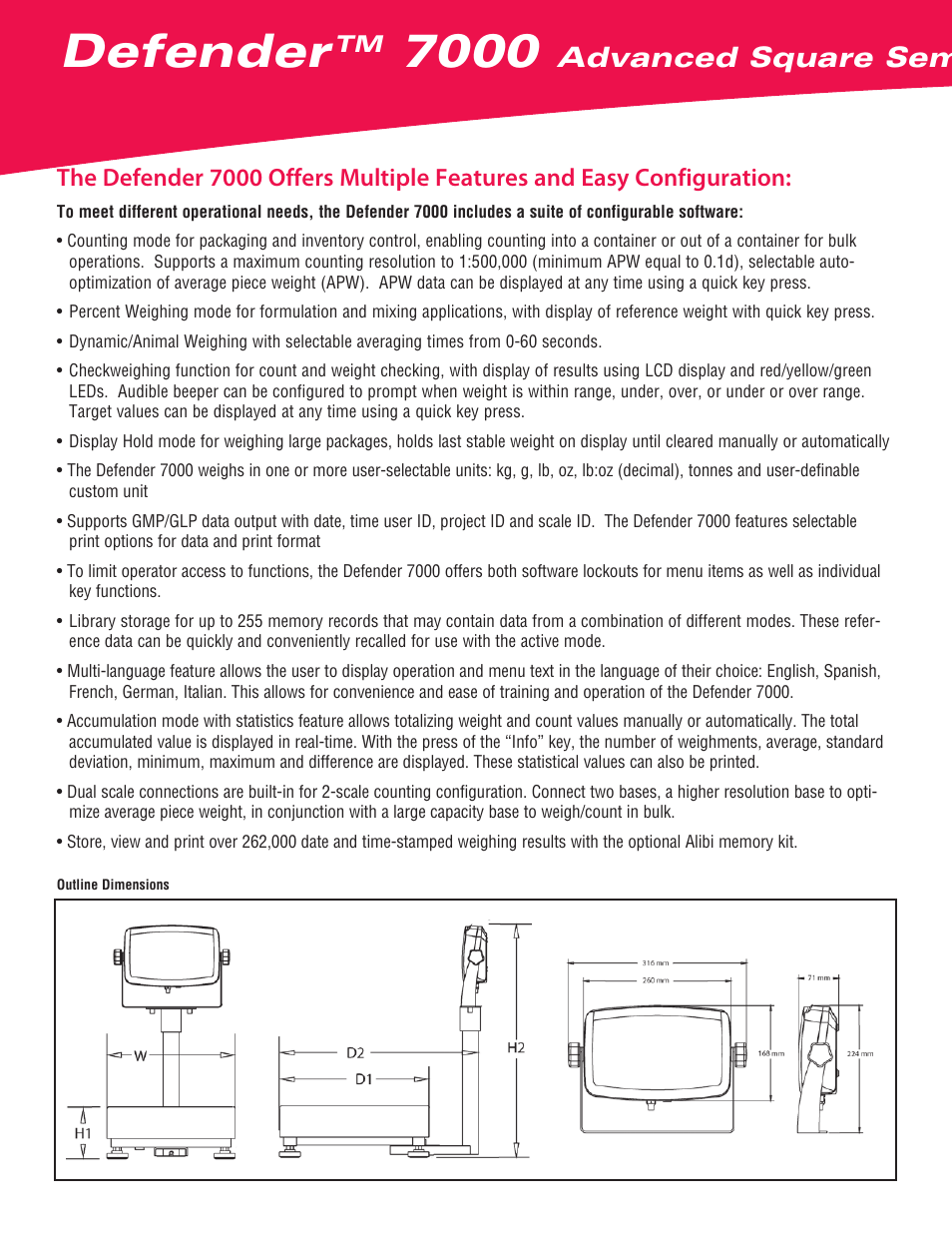 Defender, Advanced square semi-washdown scales | Ohaus DEFENDER 7000 Square Semi-Washdown Scales Data Sheet User Manual | Page 2 / 4