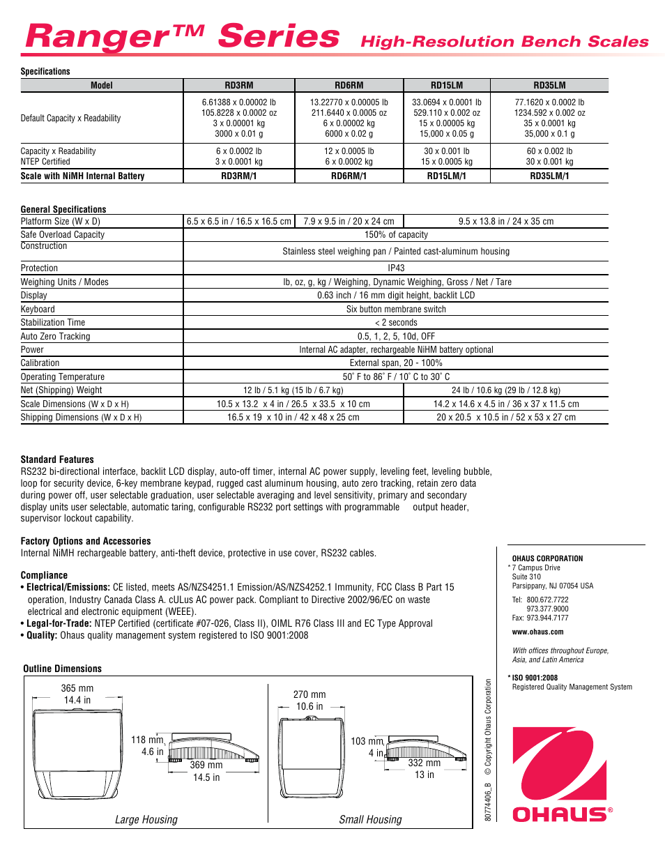 Ranger, Series, High-resolution bench scales | Ohaus RANGER COMPACT HIGH RESOLUTION SCALES Data Sheet User Manual | Page 2 / 2