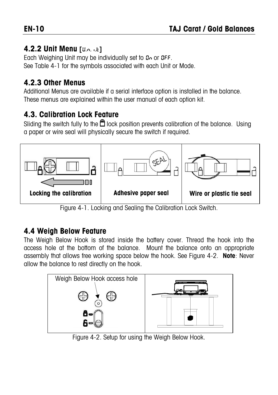 Taj carat / gold balances en-10, 2 unit menu, 3 other menus | Calibration lock feature, 4 weigh below feature | Ohaus CARAT & GOLD LIGHT PORTABLE JEWELRY BALANCES Manual multi User Manual | Page 18 / 88