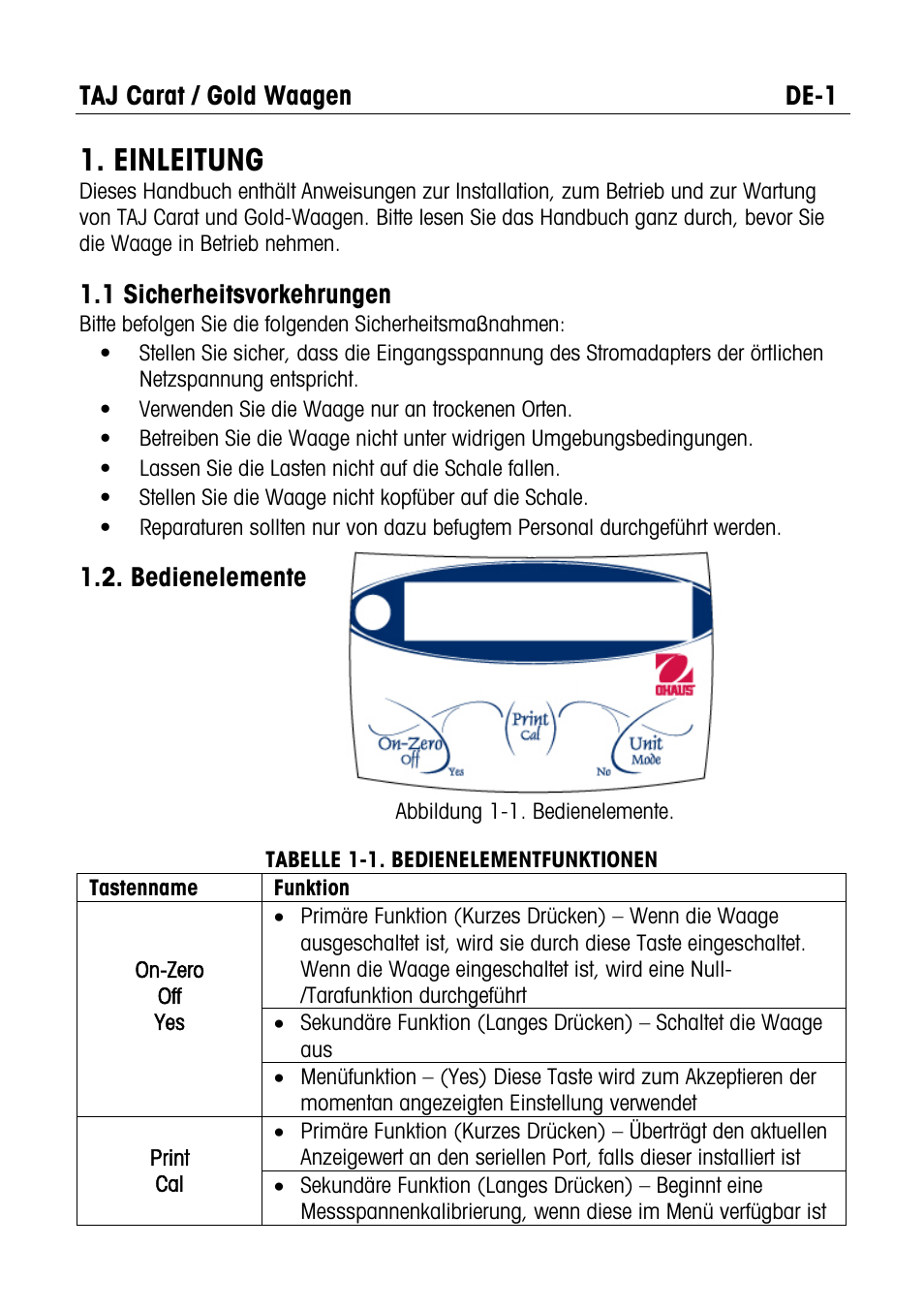 Einleitung, Taj carat / gold waagen de-1, 1 sicherheitsvorkehrungen | Bedienelemente | Ohaus CARAT & GOLD LIGHT PORTABLE JEWELRY BALANCES Manual multi User Manual | Page 57 / 88