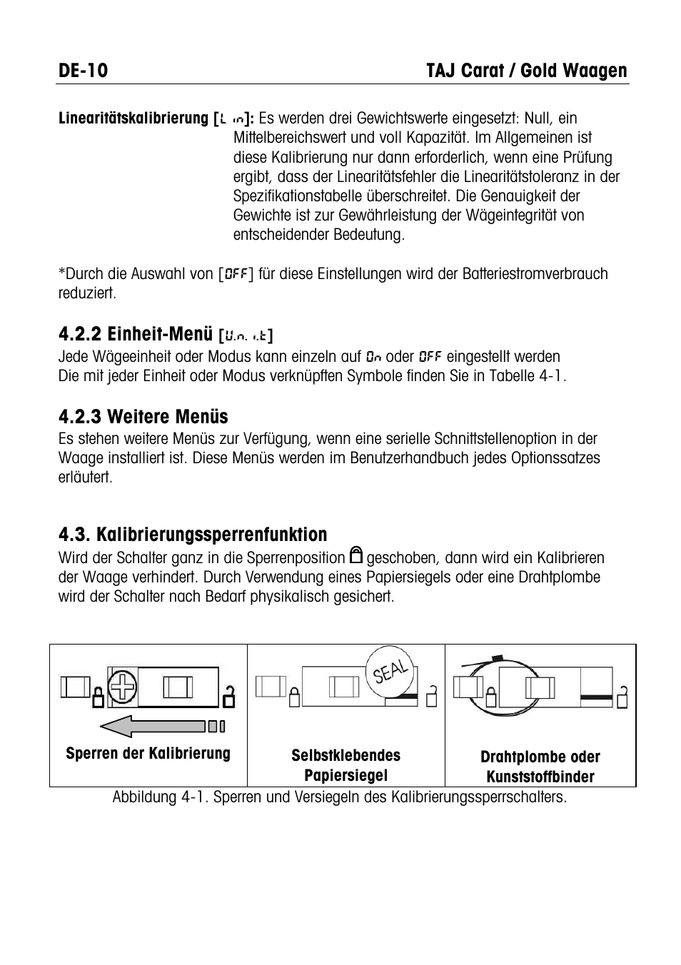 Taj carat / gold waagen de-10, 2 einheit-menü, 3 weitere menüs | Kalibrierungssperrenfunktion | Ohaus CARAT & GOLD LIGHT PORTABLE JEWELRY BALANCES Manual multi User Manual | Page 66 / 88