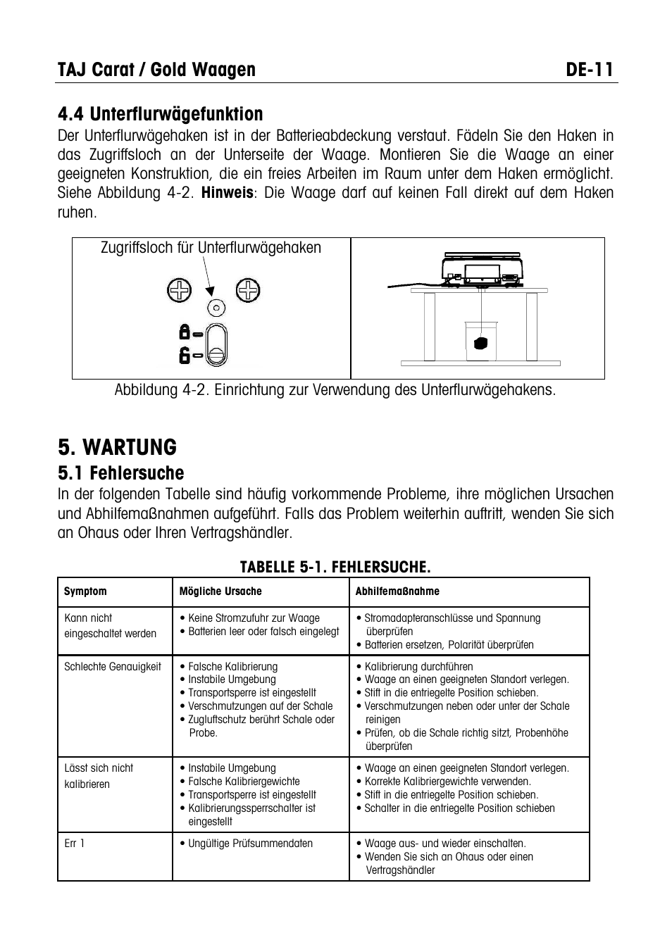 Wartung, Taj carat / gold waagen de-11, 4 unterflurwägefunktion | 1 fehlersuche | Ohaus CARAT & GOLD LIGHT PORTABLE JEWELRY BALANCES Manual multi User Manual | Page 67 / 88