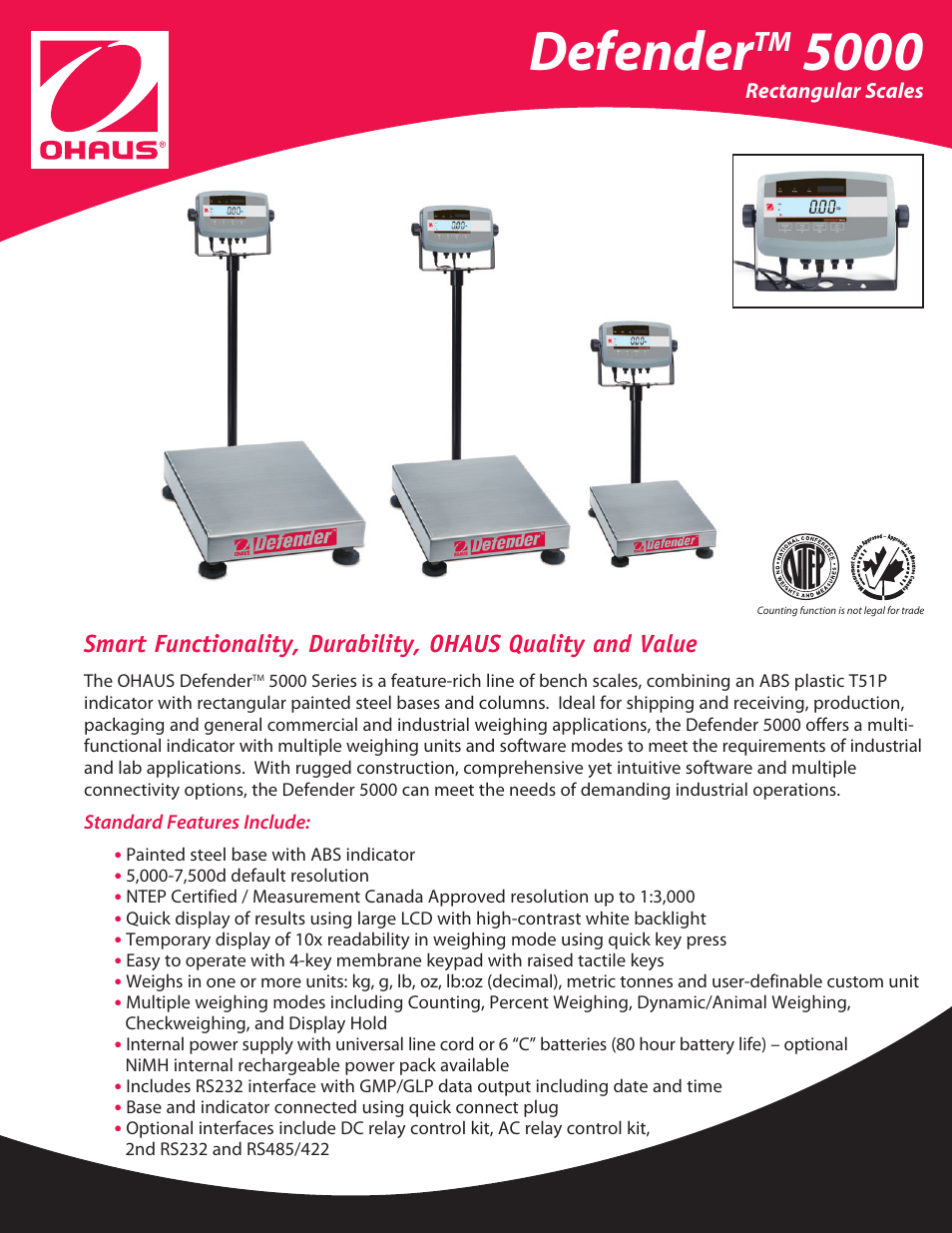 Ohaus DEFENDER 5000 Rectangular Scales Data Sheet User Manual | 4 pages