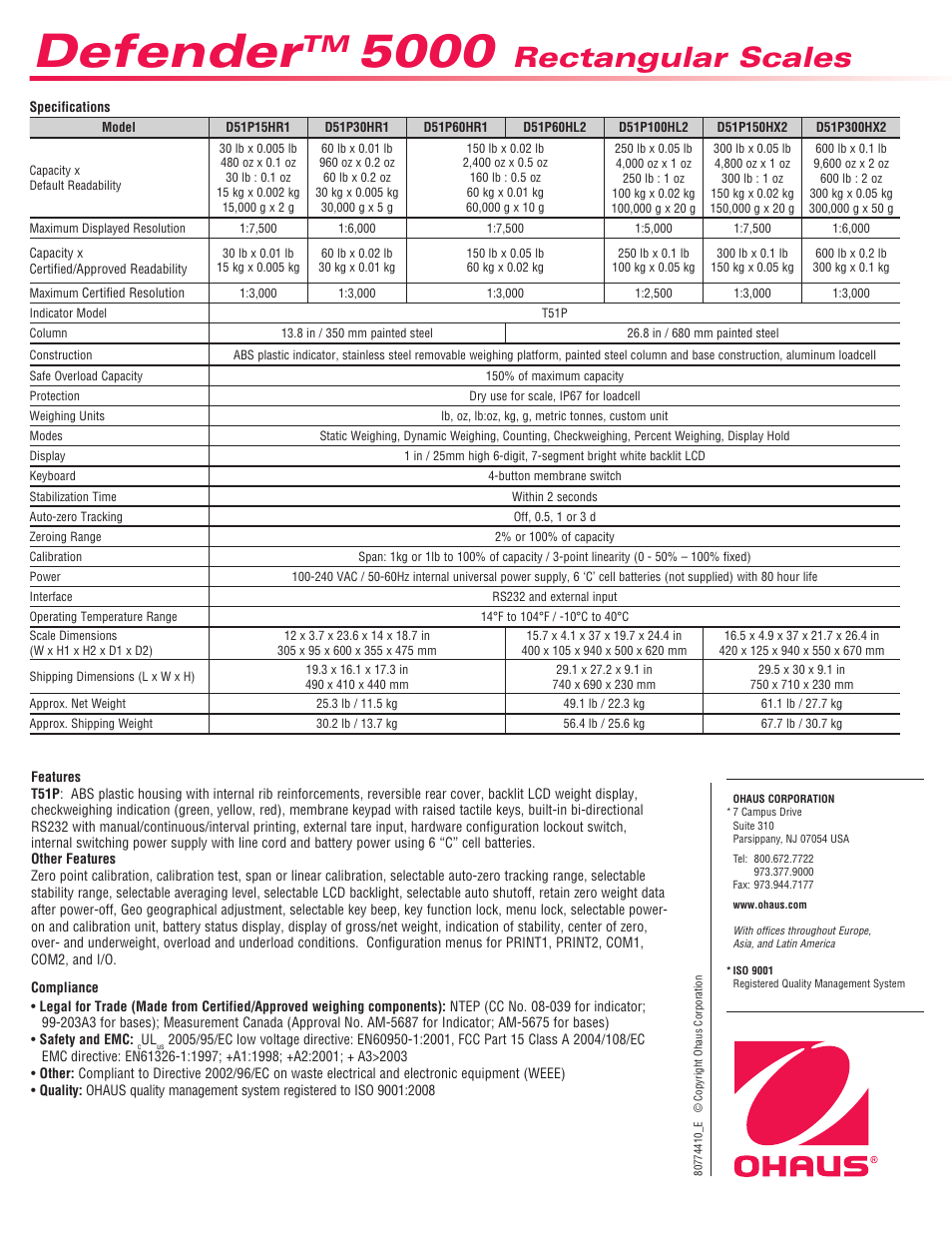 Defender, Rectangular scales | Ohaus DEFENDER 5000 Rectangular Scales Data Sheet User Manual | Page 4 / 4