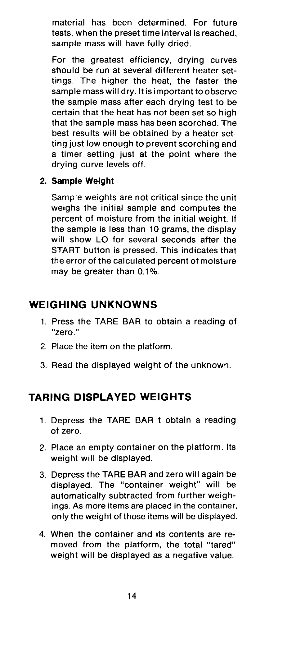 Weighing, Unknowns, Taring | Displayed weights | Ohaus MB301 Electronic Balances User Manual | Page 14 / 29