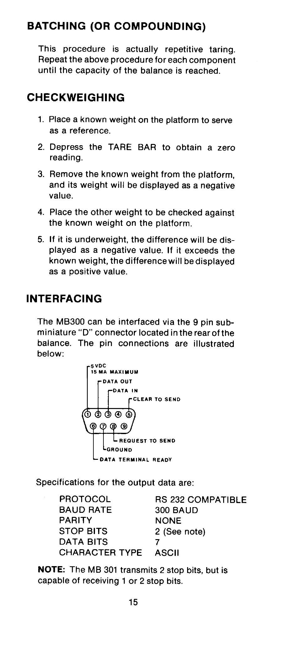 Interfacing, Batching (or compounding) checkweighing | Ohaus MB301 Electronic Balances User Manual | Page 15 / 29