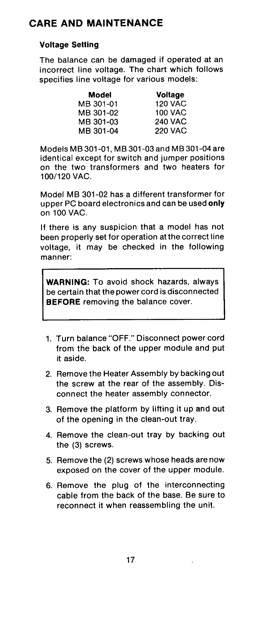 Care and maintenance, Voltage, Setting | Ohaus MB301 Electronic Balances User Manual | Page 17 / 29