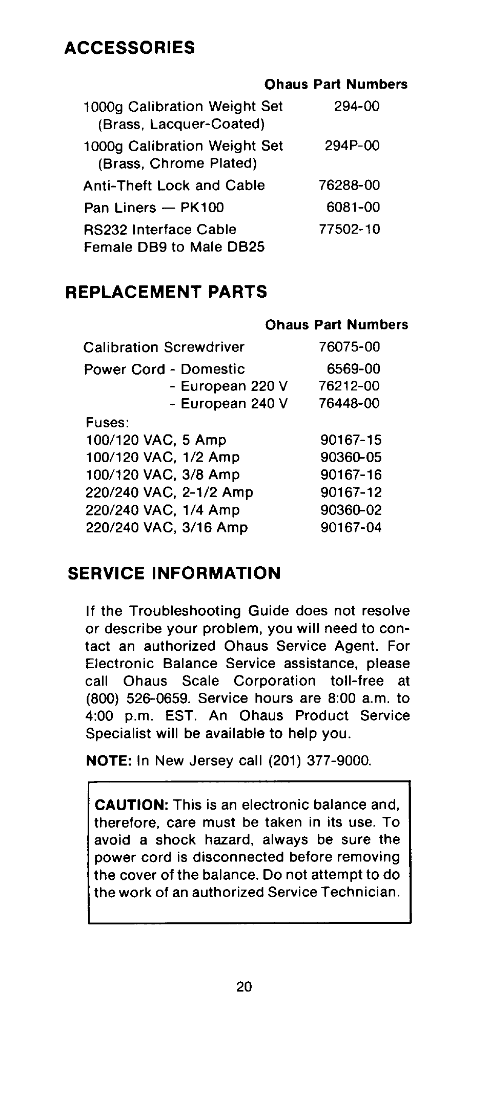 Accessories, Acccessories replacement parts service information | Ohaus MB301 Electronic Balances User Manual | Page 20 / 29