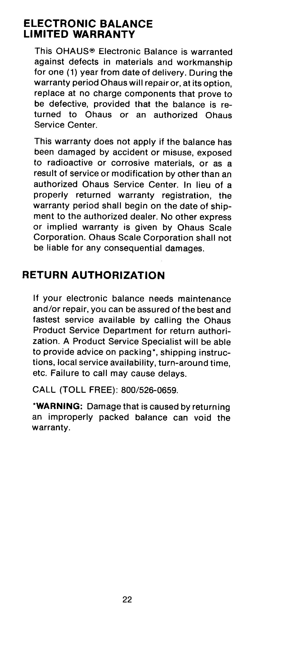 Warranty | Ohaus MB301 Electronic Balances User Manual | Page 22 / 29