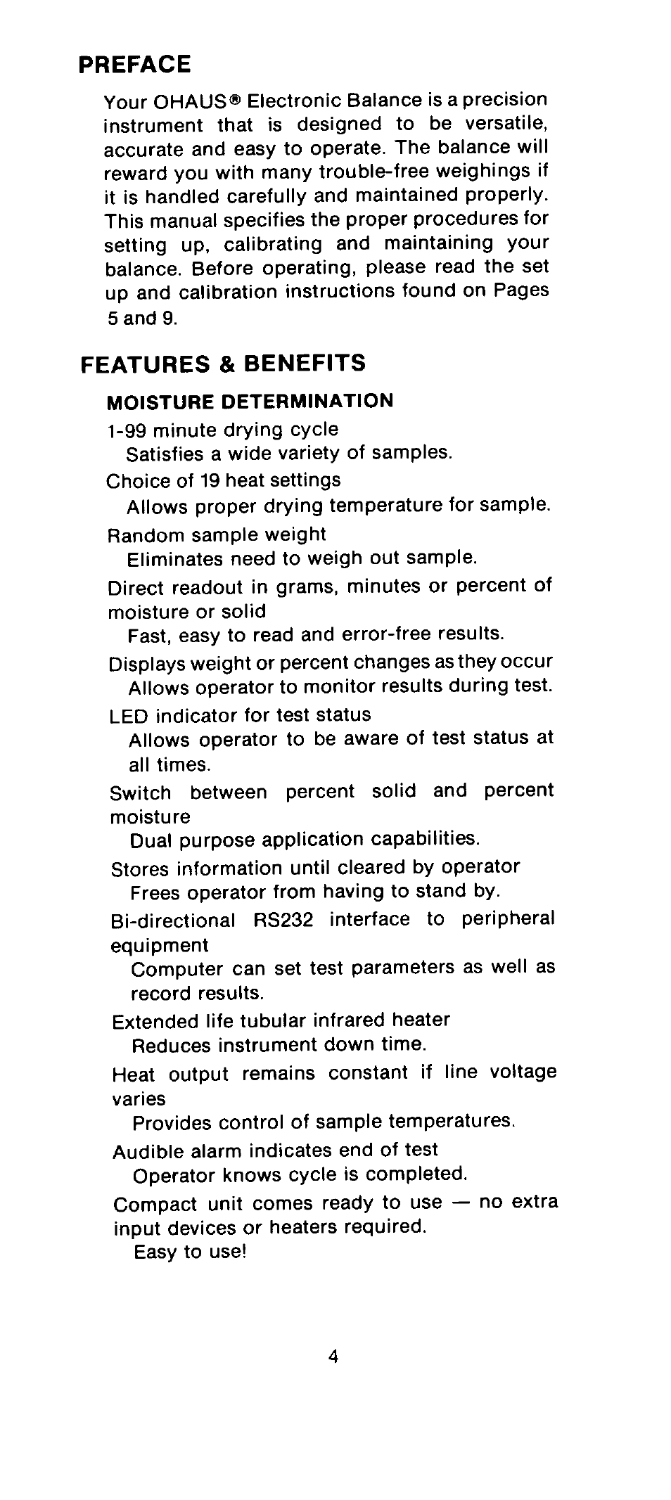 Preface features and benefits | Ohaus MB301 Electronic Balances User Manual | Page 4 / 29