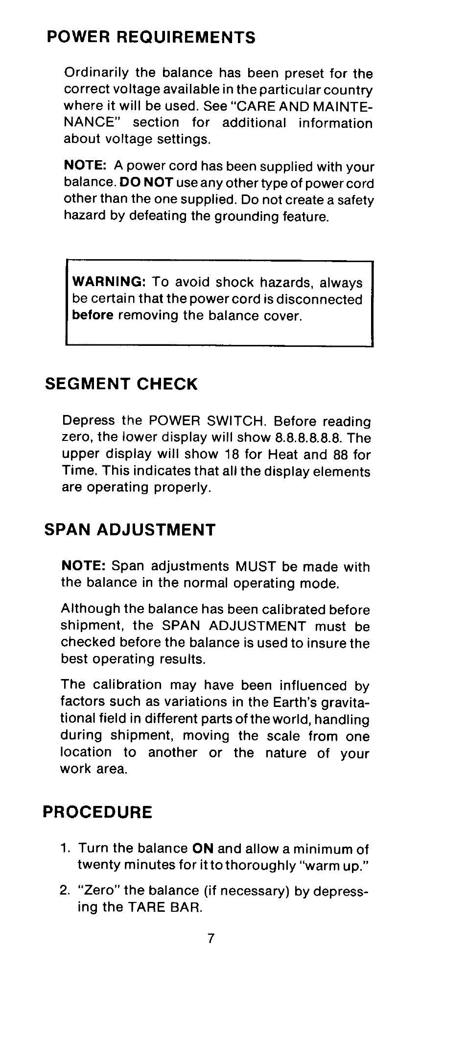 Power, Requirements, Segment | Check, Span, Adjustment, Procedure | Ohaus MB301 Electronic Balances User Manual | Page 7 / 29