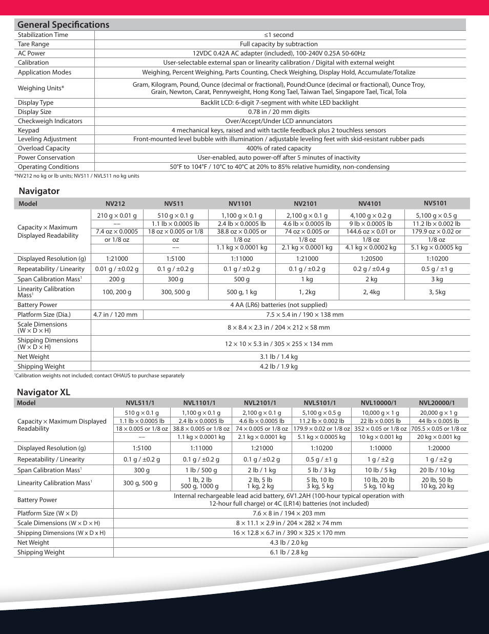 Navigator xl, General specifications, Navigator | Ohaus NAVIGATOR NVT Data Sheet User Manual | Page 4 / 6