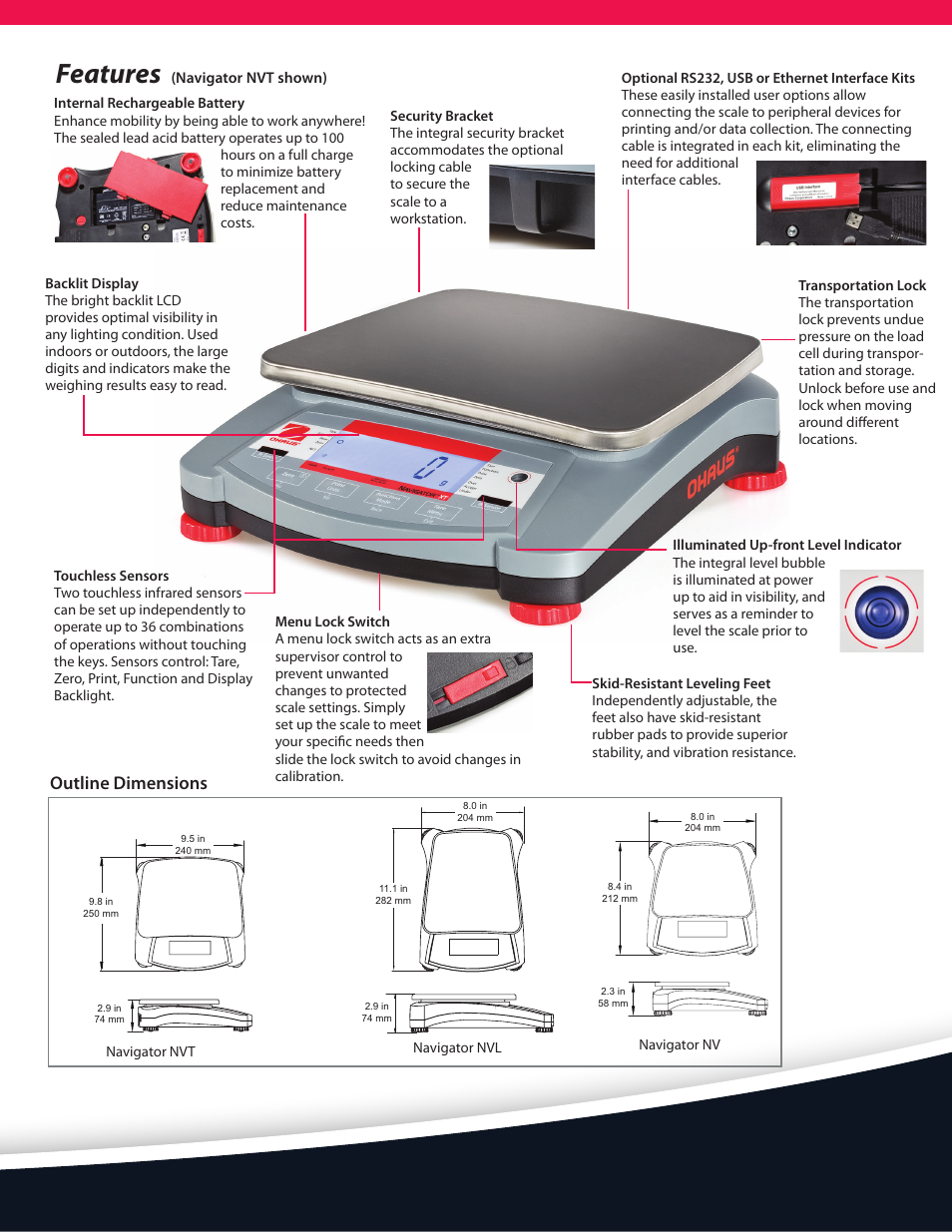 Features, Outline dimensions | Ohaus NAVIGATOR NVT Data Sheet User Manual | Page 5 / 6