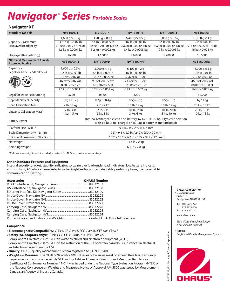 Navigator, Series, Portable scales | Navigator xt | Ohaus NAVIGATOR NVT Data Sheet User Manual | Page 6 / 6