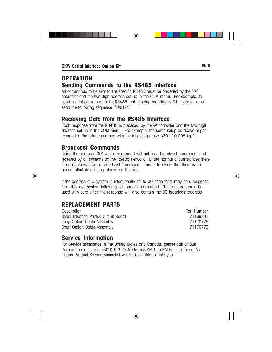 Operation sending commands to the rs485 interface, Receiving data from the rs485 interface, Broadcast commands | Replacement parts, Service information | Ohaus CKW WASHDOWN CHECKWEIGHING SCALES_INDICATOR CKW RS485_422 Serial Interface Option Kit Manual multi User Manual | Page 10 / 52