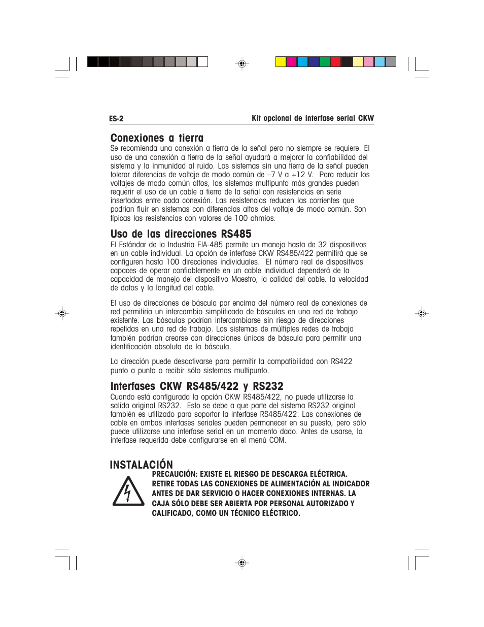 Conexiones a tierra, Uso de las direcciones rs485, Instalación | Ohaus CKW WASHDOWN CHECKWEIGHING SCALES_INDICATOR CKW RS485_422 Serial Interface Option Kit Manual multi User Manual | Page 13 / 52