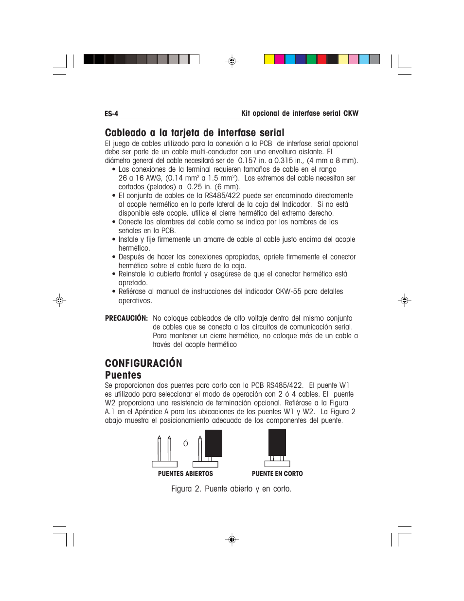 Cableado a la tarjeta de interfase serial, Configuración puentes | Ohaus CKW WASHDOWN CHECKWEIGHING SCALES_INDICATOR CKW RS485_422 Serial Interface Option Kit Manual multi User Manual | Page 15 / 52