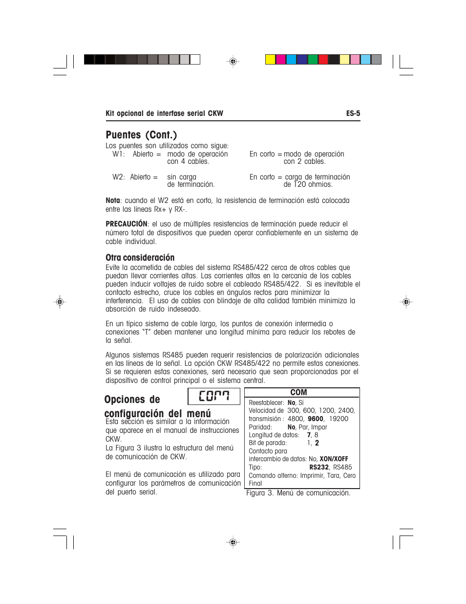 Puentes (cont.), Opciones de configuración del menú | Ohaus CKW WASHDOWN CHECKWEIGHING SCALES_INDICATOR CKW RS485_422 Serial Interface Option Kit Manual multi User Manual | Page 16 / 52