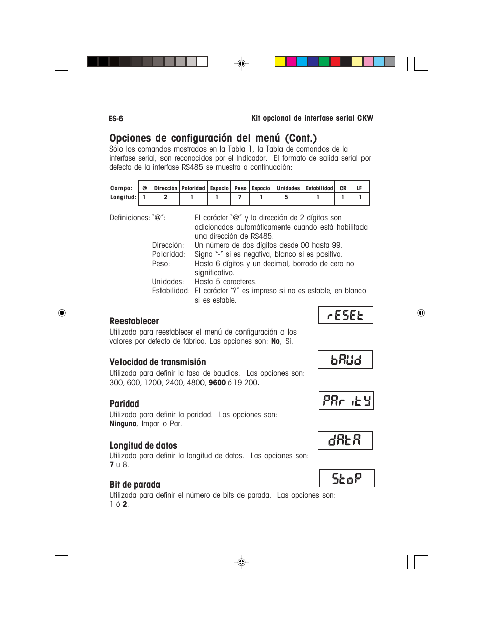 Opciones de configuración del menú (cont.), Reestablecer, Velocidad de transmisión | Paridad, Longitud de datos, Bit de parada | Ohaus CKW WASHDOWN CHECKWEIGHING SCALES_INDICATOR CKW RS485_422 Serial Interface Option Kit Manual multi User Manual | Page 17 / 52