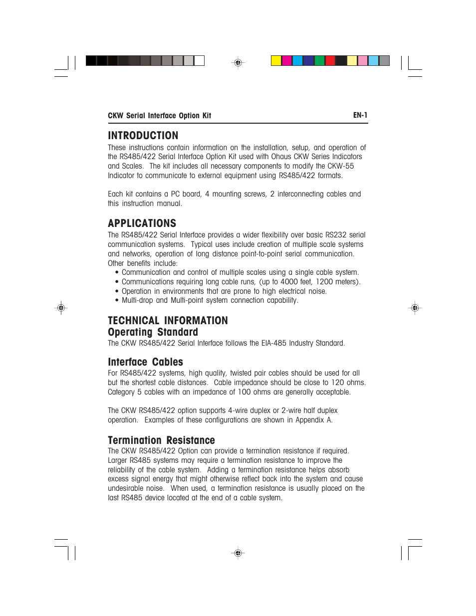 Introduction, Applications, Technical information operating standard | Interface cables, Termination resistance | Ohaus CKW WASHDOWN CHECKWEIGHING SCALES_INDICATOR CKW RS485_422 Serial Interface Option Kit Manual multi User Manual | Page 2 / 52