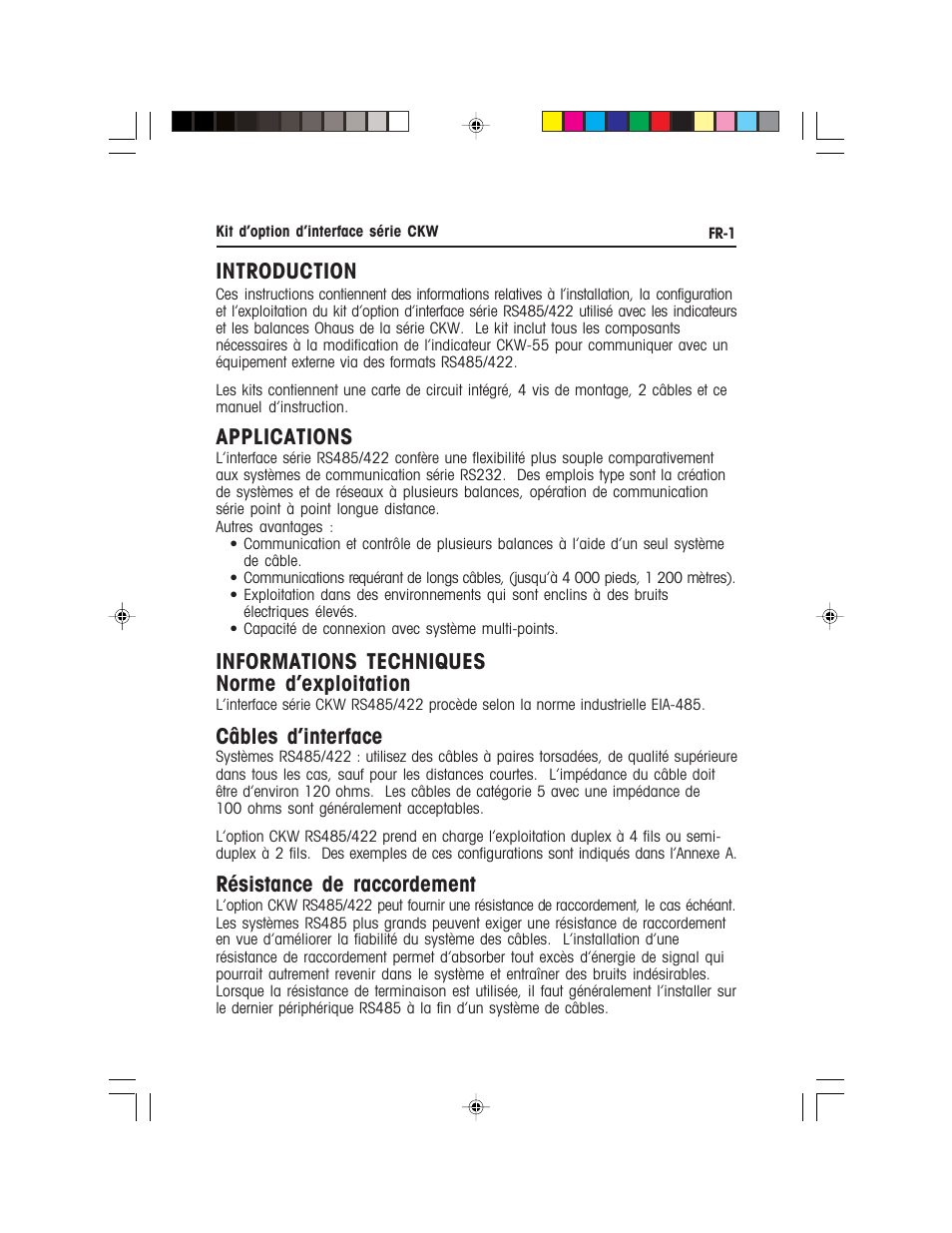 Introduction, Applications, Informations techniques norme d’exploitation | Câbles d’interface, Résistance de raccordement | Ohaus CKW WASHDOWN CHECKWEIGHING SCALES_INDICATOR CKW RS485_422 Serial Interface Option Kit Manual multi User Manual | Page 22 / 52