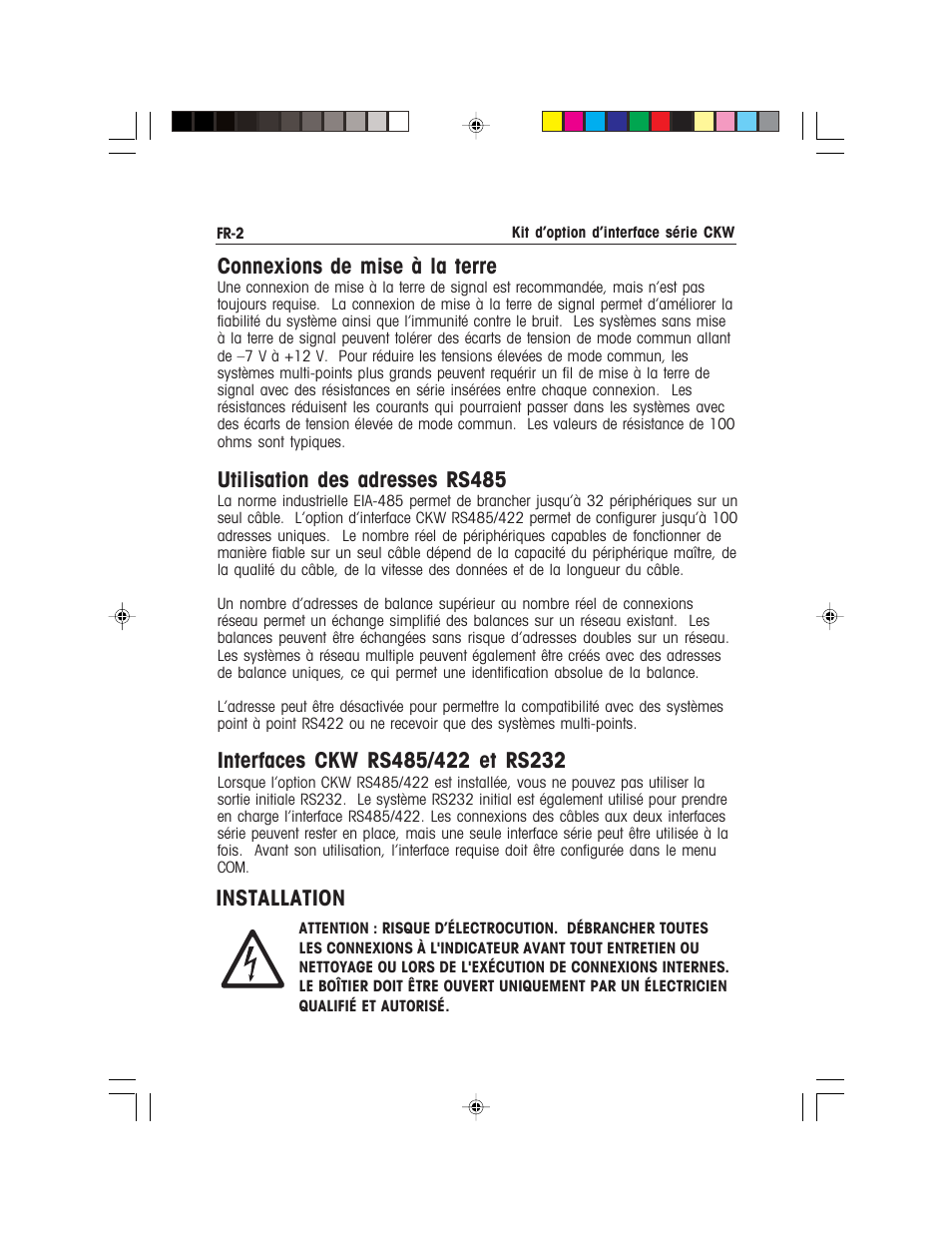 Connexions de mise à la terre, Utilisation des adresses rs485, Installation | Ohaus CKW WASHDOWN CHECKWEIGHING SCALES_INDICATOR CKW RS485_422 Serial Interface Option Kit Manual multi User Manual | Page 23 / 52