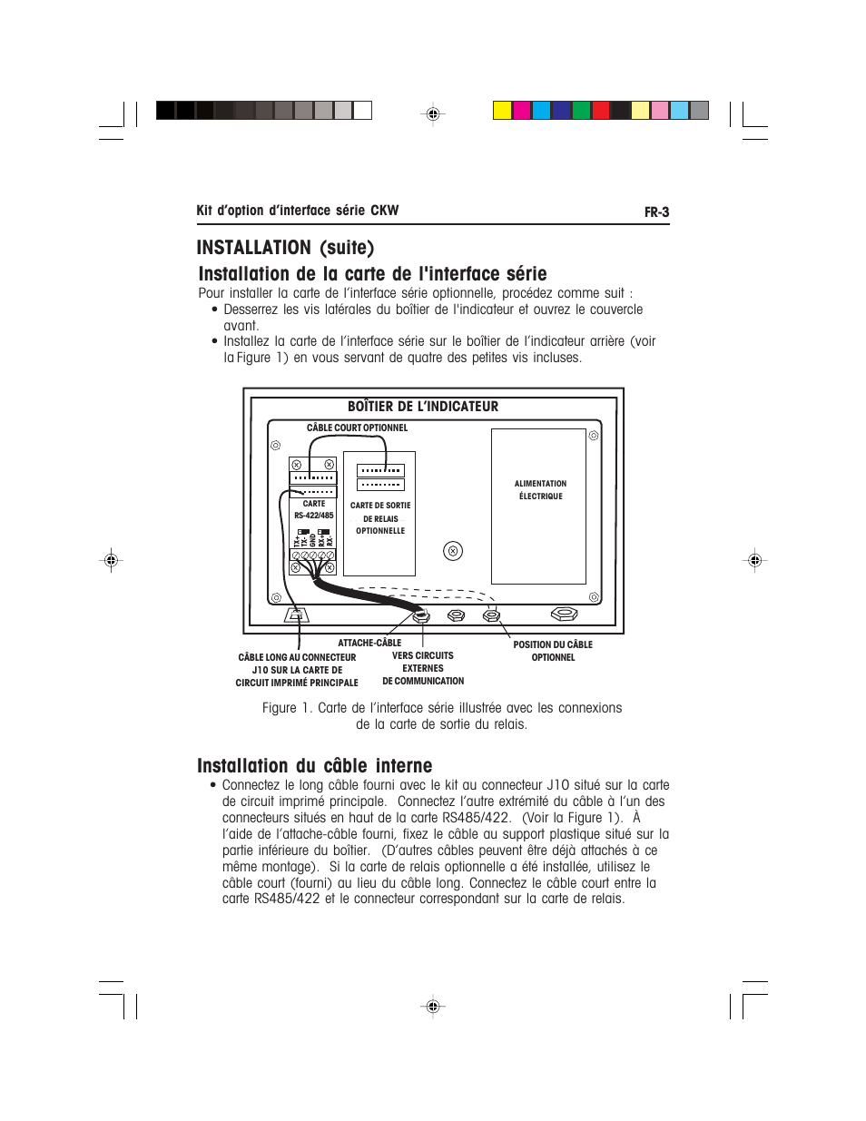 Installation du câble interne, Installation de la carte de l'interface série, Installation (suite) | Ohaus CKW WASHDOWN CHECKWEIGHING SCALES_INDICATOR CKW RS485_422 Serial Interface Option Kit Manual multi User Manual | Page 24 / 52
