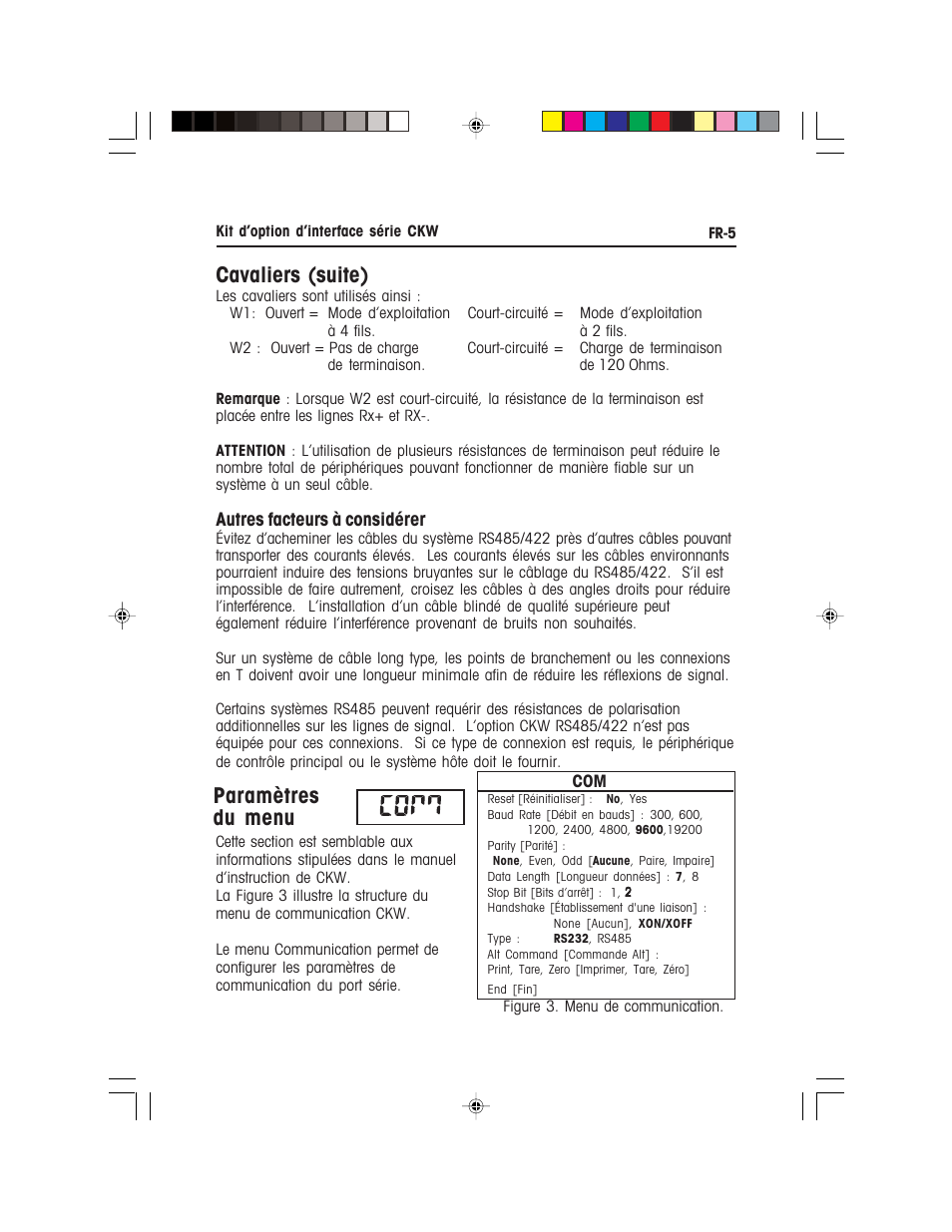 Cavaliers (suite), Paramètres du menu, Autres facteurs à considérer | Ohaus CKW WASHDOWN CHECKWEIGHING SCALES_INDICATOR CKW RS485_422 Serial Interface Option Kit Manual multi User Manual | Page 26 / 52