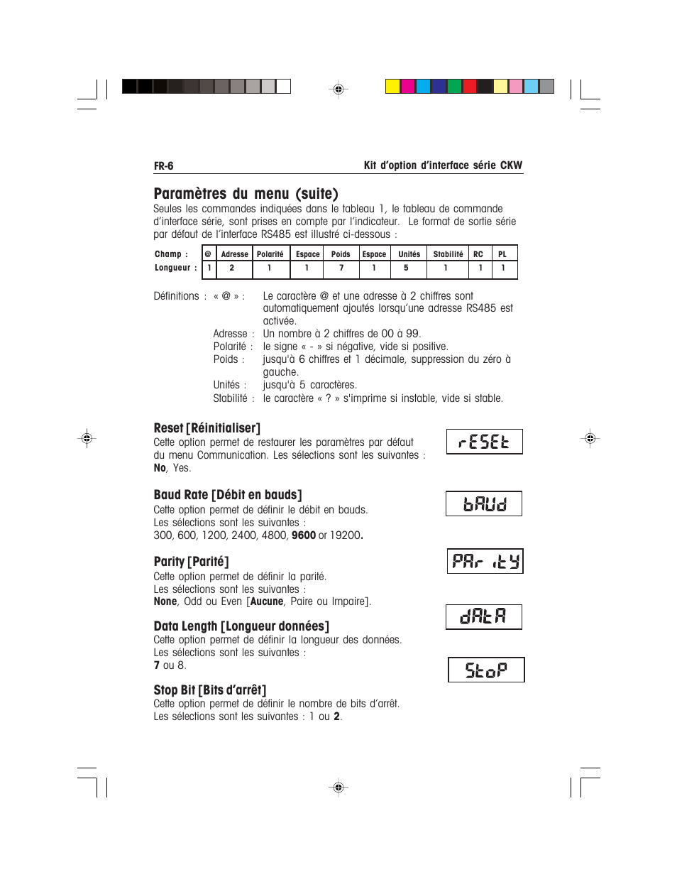 Paramètres du menu (suite), Reset [réinitialiser, Baud rate [débit en bauds | Parity [parité, Data length [longueur données, Stop bit [bits d’arrêt | Ohaus CKW WASHDOWN CHECKWEIGHING SCALES_INDICATOR CKW RS485_422 Serial Interface Option Kit Manual multi User Manual | Page 27 / 52