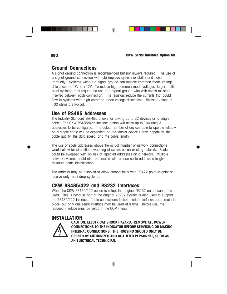 Ground connections, Use of rs485 addresses, Installation | Ohaus CKW WASHDOWN CHECKWEIGHING SCALES_INDICATOR CKW RS485_422 Serial Interface Option Kit Manual multi User Manual | Page 3 / 52