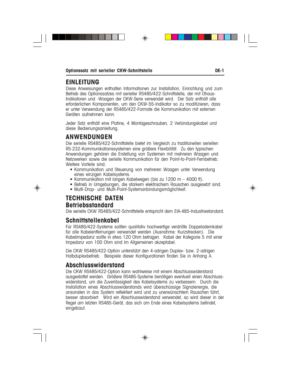 Einleitung, Anwendungen, Technische daten betriebsstandard | Schnittstellenkabel, Abschlusswiderstand | Ohaus CKW WASHDOWN CHECKWEIGHING SCALES_INDICATOR CKW RS485_422 Serial Interface Option Kit Manual multi User Manual | Page 32 / 52