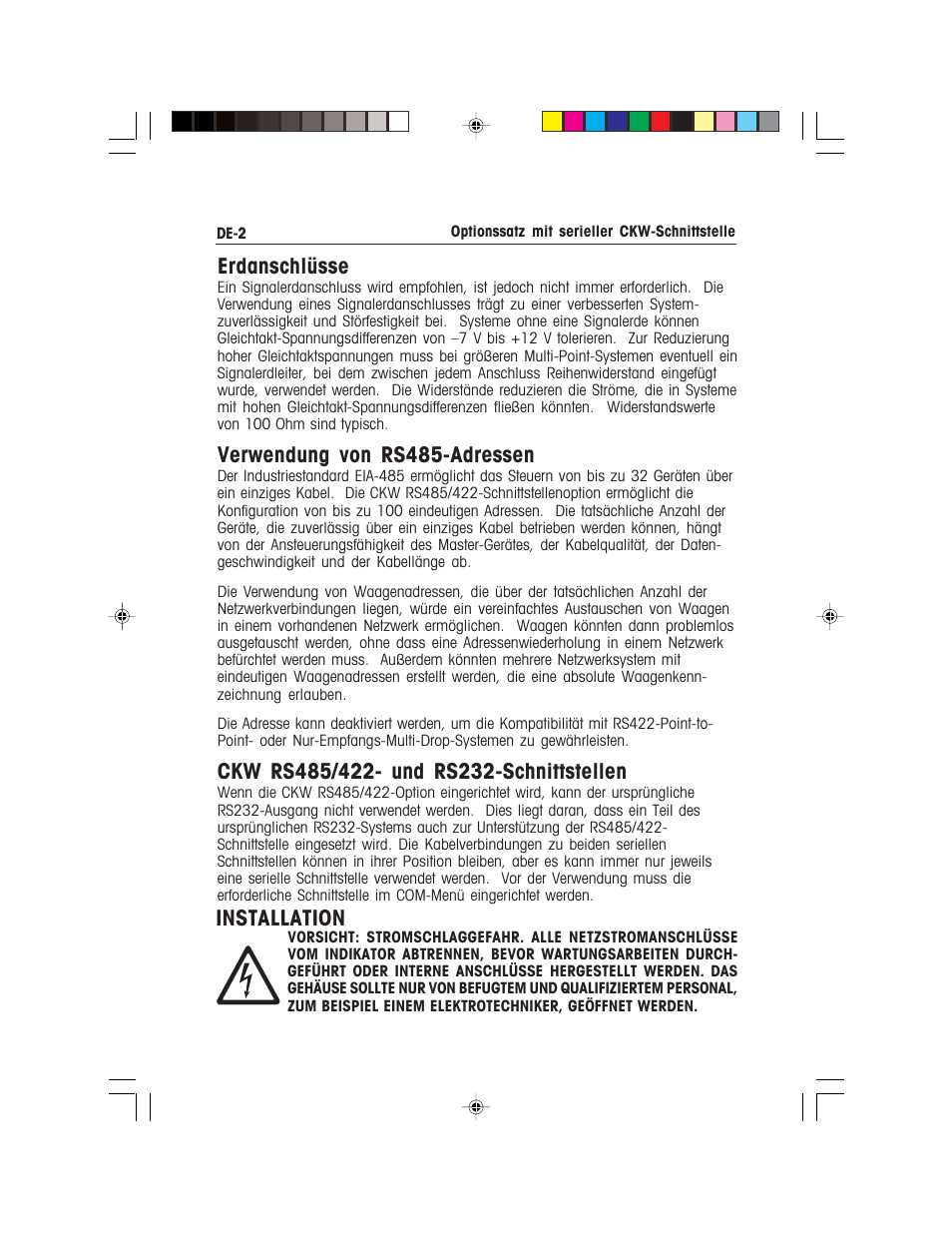 Erdanschlüsse, Verwendung von rs485-adressen, Installation | Ohaus CKW WASHDOWN CHECKWEIGHING SCALES_INDICATOR CKW RS485_422 Serial Interface Option Kit Manual multi User Manual | Page 33 / 52