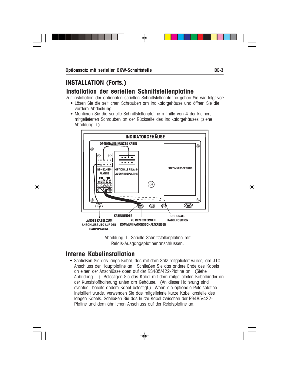 Interne kabelinstallation, Installation der seriellen schnittstellenplatine, Installation (forts.) | Ohaus CKW WASHDOWN CHECKWEIGHING SCALES_INDICATOR CKW RS485_422 Serial Interface Option Kit Manual multi User Manual | Page 34 / 52