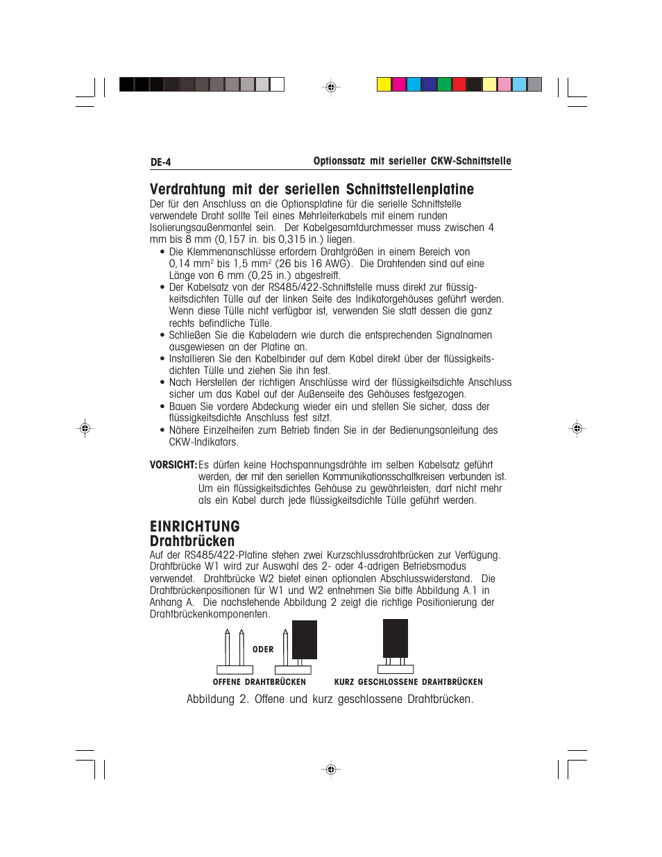 Einrichtung drahtbrücken | Ohaus CKW WASHDOWN CHECKWEIGHING SCALES_INDICATOR CKW RS485_422 Serial Interface Option Kit Manual multi User Manual | Page 35 / 52